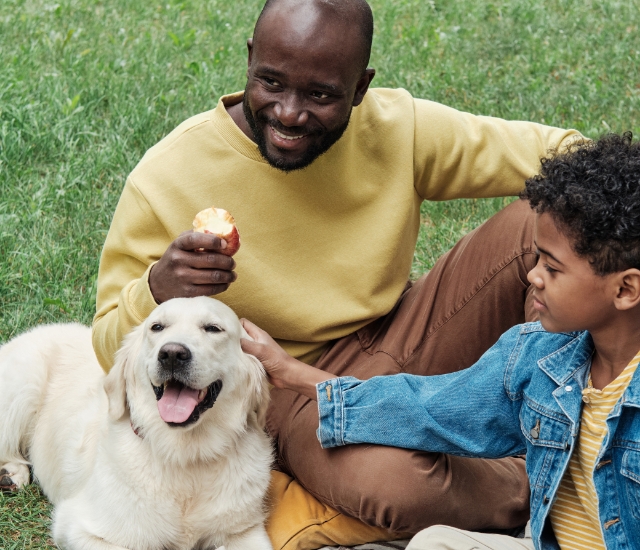 Dad and son playing with dog